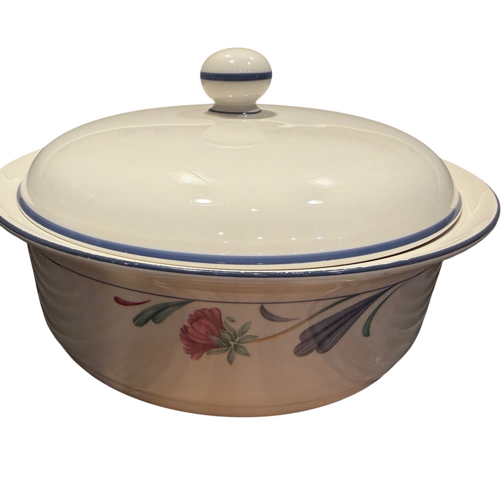 Lenox Casserole Dish Poppies on Blue Chinastone Round Covered Vintage White